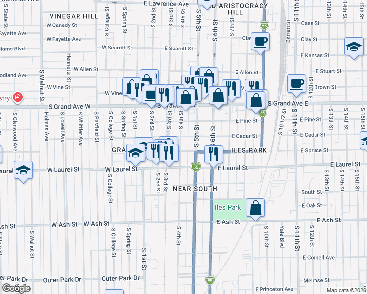 map of restaurants, bars, coffee shops, grocery stores, and more near 1522 South 4th Street in Springfield
