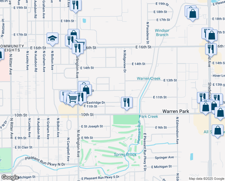 map of restaurants, bars, coffee shops, grocery stores, and more near 6204 East 12th Street in Indianapolis