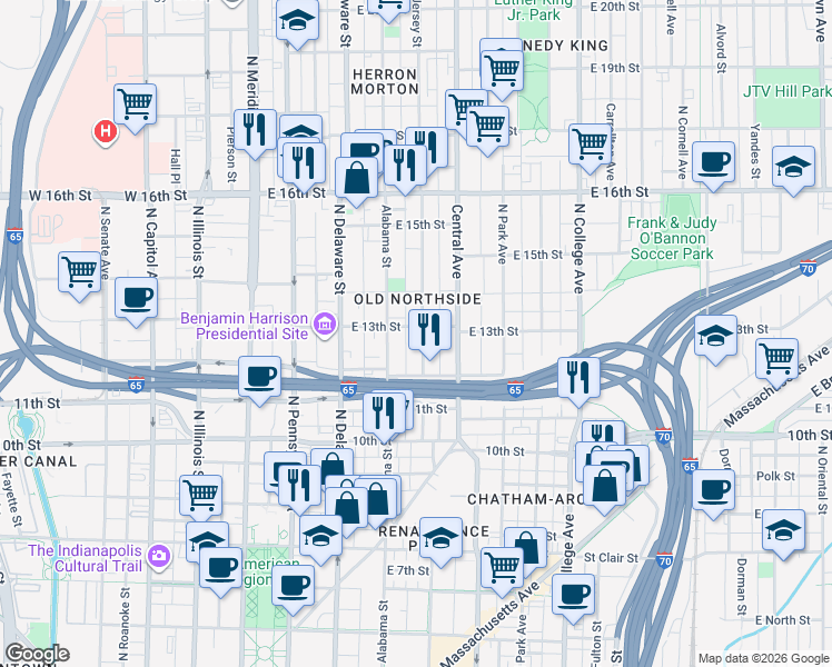 map of restaurants, bars, coffee shops, grocery stores, and more near 1248 North New Jersey Street in Indianapolis