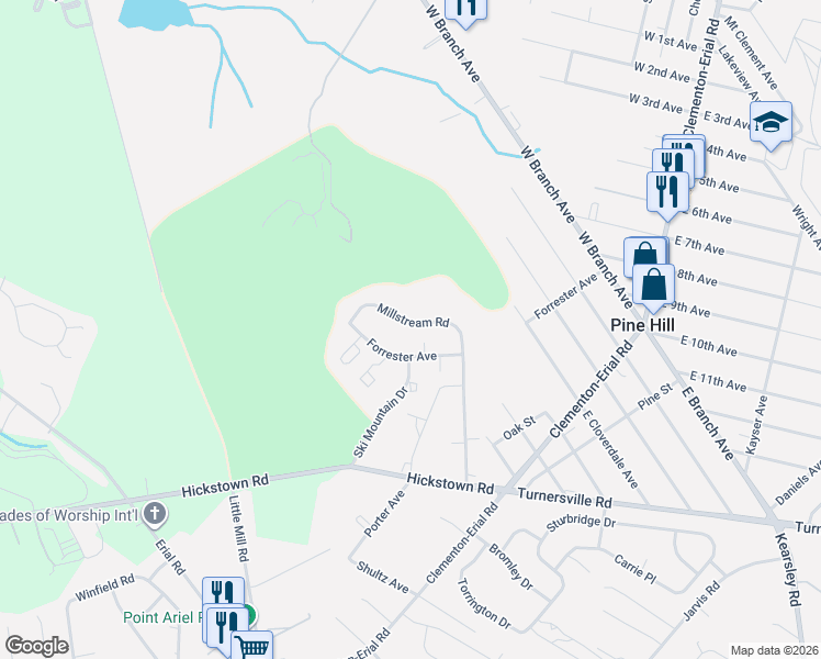 map of restaurants, bars, coffee shops, grocery stores, and more near 48 Millstream Road in Laurel Springs