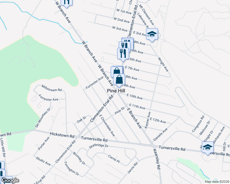 map of restaurants, bars, coffee shops, grocery stores, and more near in Pine Hill