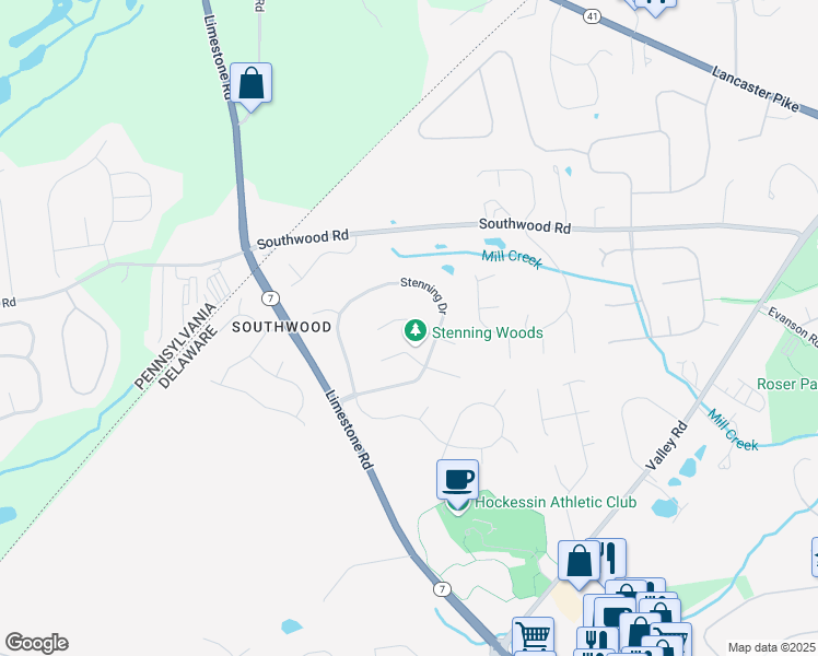 map of restaurants, bars, coffee shops, grocery stores, and more near 15 Eynon Court in Hockessin