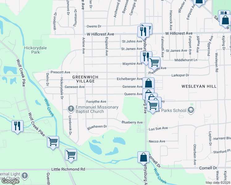 map of restaurants, bars, coffee shops, grocery stores, and more near 4513 Queens Avenue in Dayton