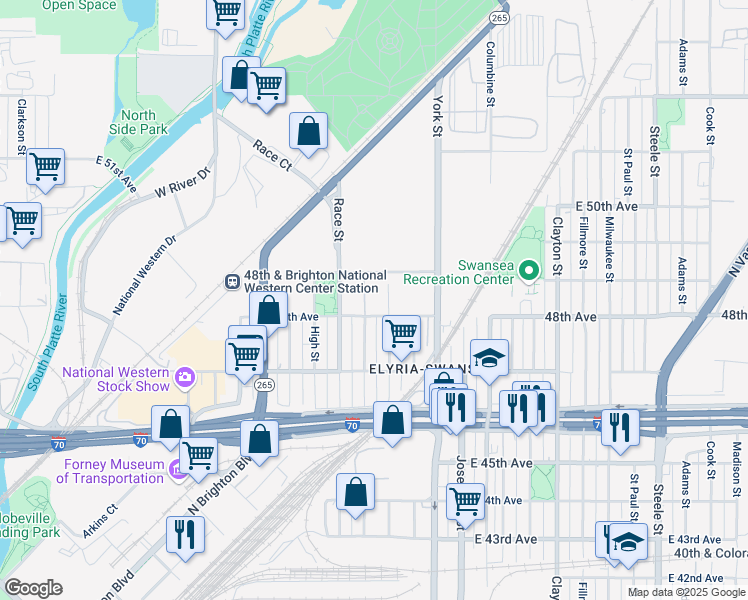 map of restaurants, bars, coffee shops, grocery stores, and more near 4800 Vine Street in Denver