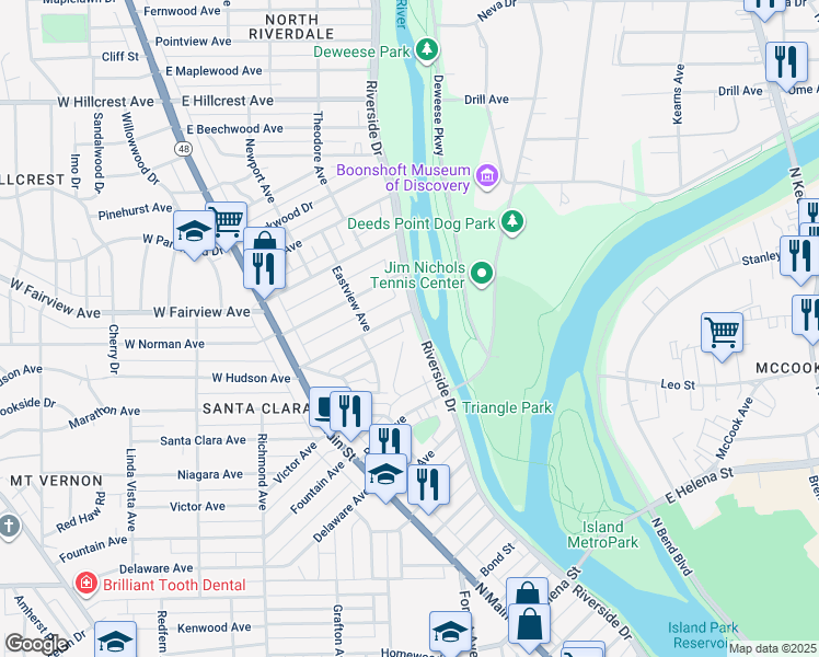 map of restaurants, bars, coffee shops, grocery stores, and more near 132 East Hudson Avenue in Dayton