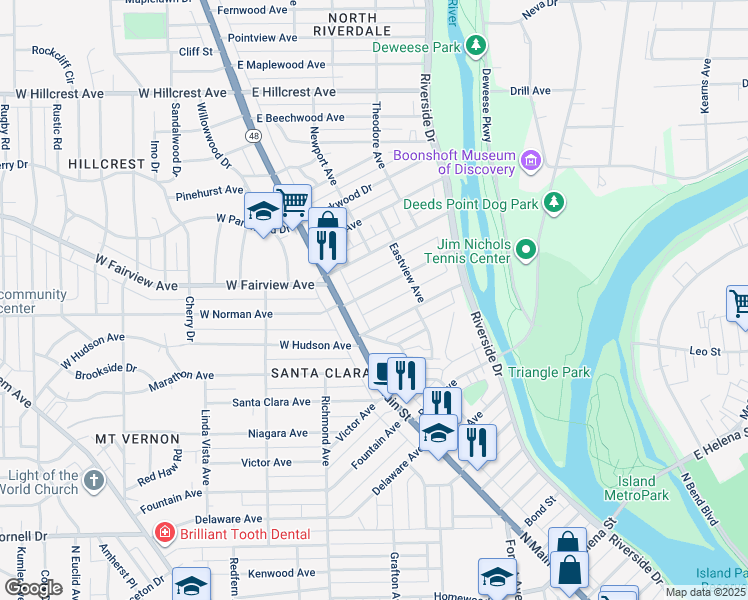 map of restaurants, bars, coffee shops, grocery stores, and more near 34 1/2 East Norman Avenue in Dayton