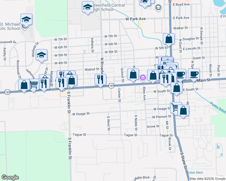 map of restaurants, bars, coffee shops, grocery stores, and more near 617 West Main Street in Greenfield