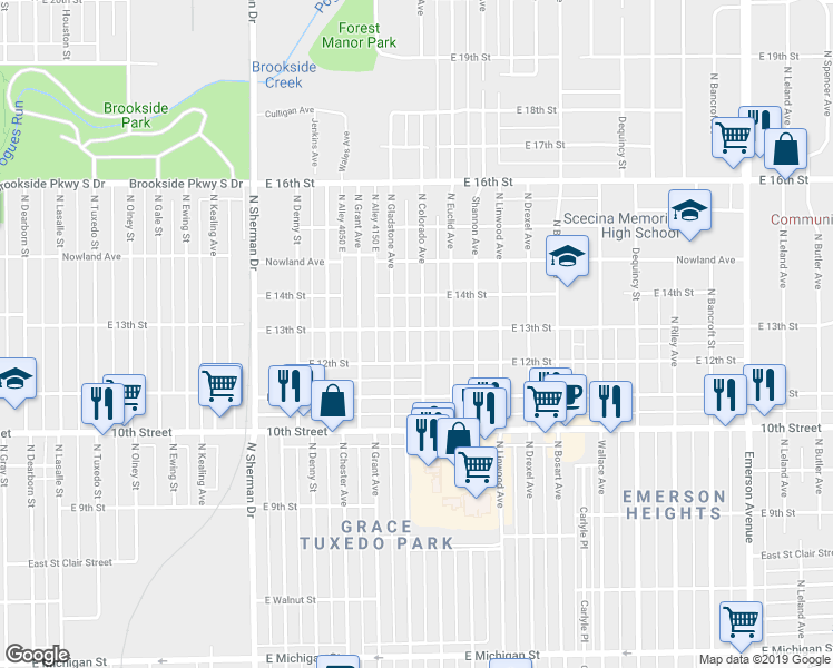map of restaurants, bars, coffee shops, grocery stores, and more near 1301 North Colorado Avenue in Indianapolis