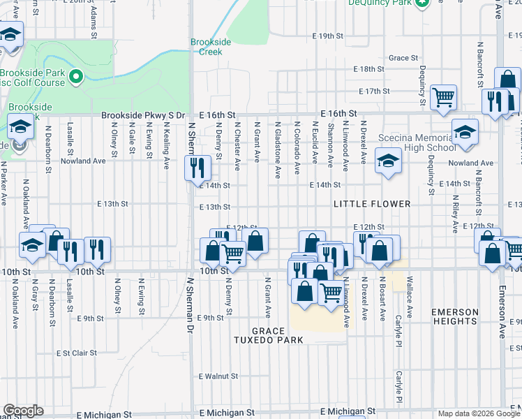 map of restaurants, bars, coffee shops, grocery stores, and more near 1304 North Grant Avenue in Indianapolis
