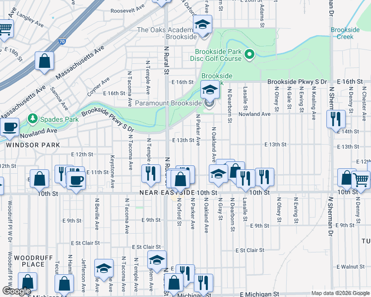 map of restaurants, bars, coffee shops, grocery stores, and more near 1229 North Oxford Street in Indianapolis