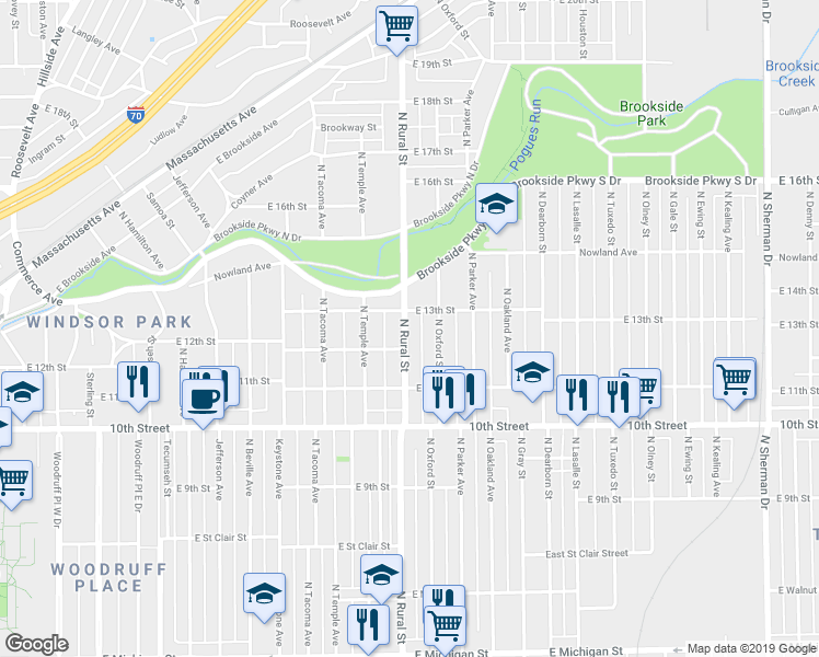 map of restaurants, bars, coffee shops, grocery stores, and more near 1226 North Rural Street in Indianapolis