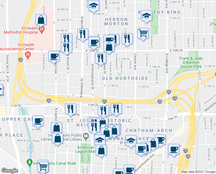 map of restaurants, bars, coffee shops, grocery stores, and more near 130 East 13th Street in Indianapolis