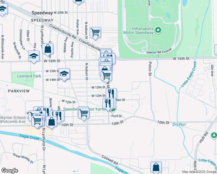 map of restaurants, bars, coffee shops, grocery stores, and more near 1324 North Main Street in Speedway