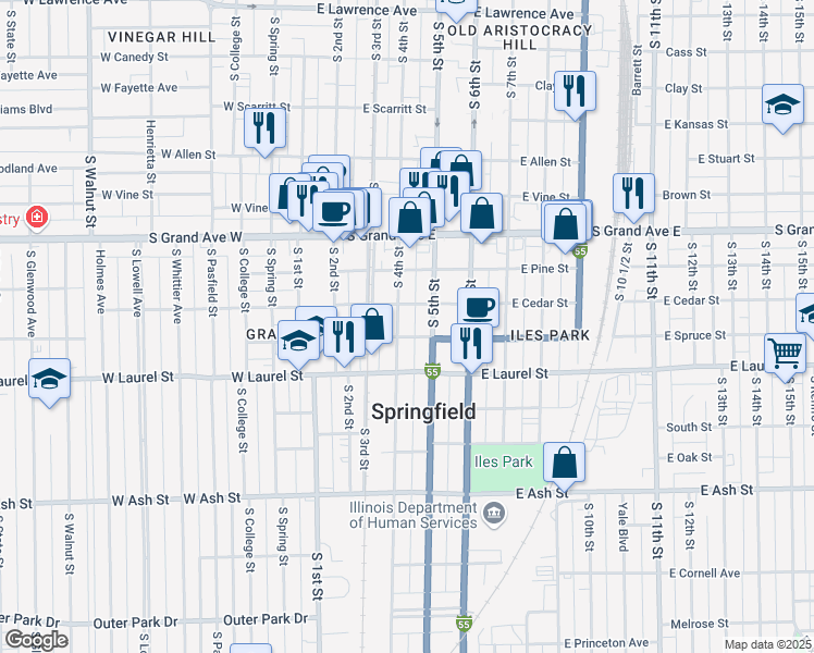 map of restaurants, bars, coffee shops, grocery stores, and more near 1512 South 4th Street in Springfield