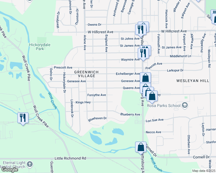 map of restaurants, bars, coffee shops, grocery stores, and more near 4541 Queens Avenue in Dayton