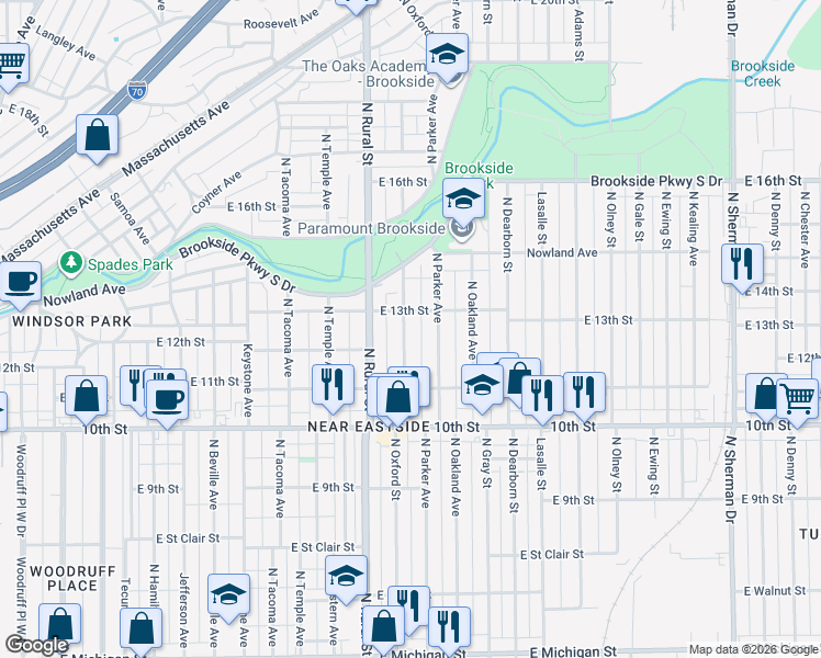 map of restaurants, bars, coffee shops, grocery stores, and more near 1229 North Oxford Street in Indianapolis