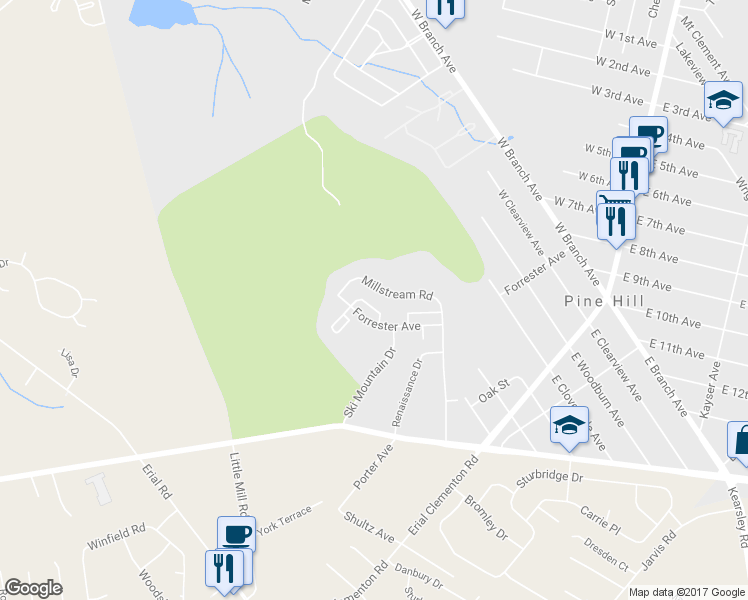 map of restaurants, bars, coffee shops, grocery stores, and more near 27 Players Lane in Pine Hill