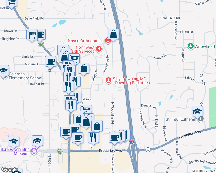 map of restaurants, bars, coffee shops, grocery stores, and more near 1902 North Woodbine Road in Saint Joseph
