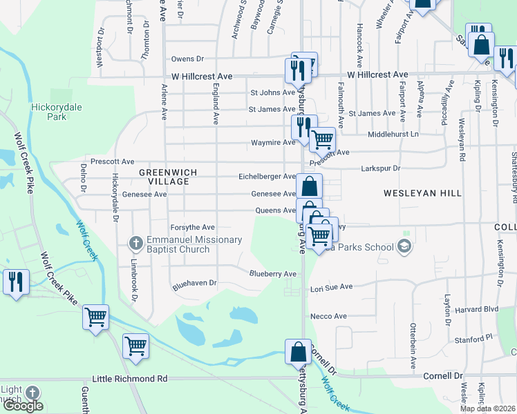 map of restaurants, bars, coffee shops, grocery stores, and more near 4437 Queens Avenue in Dayton
