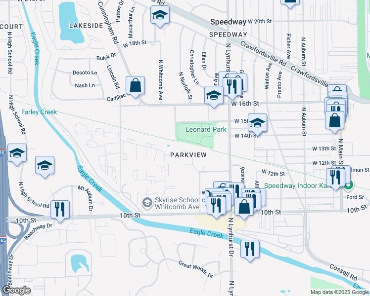 map of restaurants, bars, coffee shops, grocery stores, and more near 1341 Norfolk Circle in Speedway