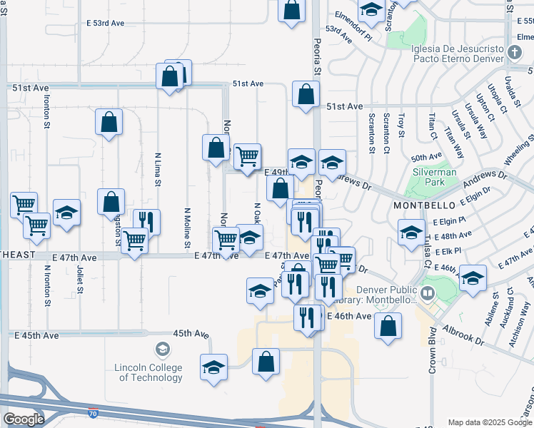 map of restaurants, bars, coffee shops, grocery stores, and more near 4780 Oakland Street in Denver