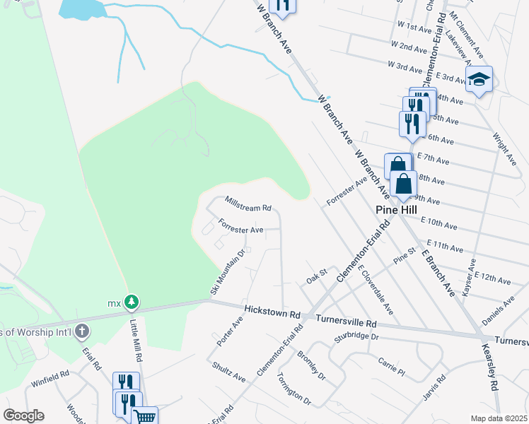 map of restaurants, bars, coffee shops, grocery stores, and more near 12 Millstream Road in Pine Hill