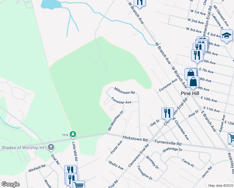 map of restaurants, bars, coffee shops, grocery stores, and more near 27 Players Lane in Pine Hill