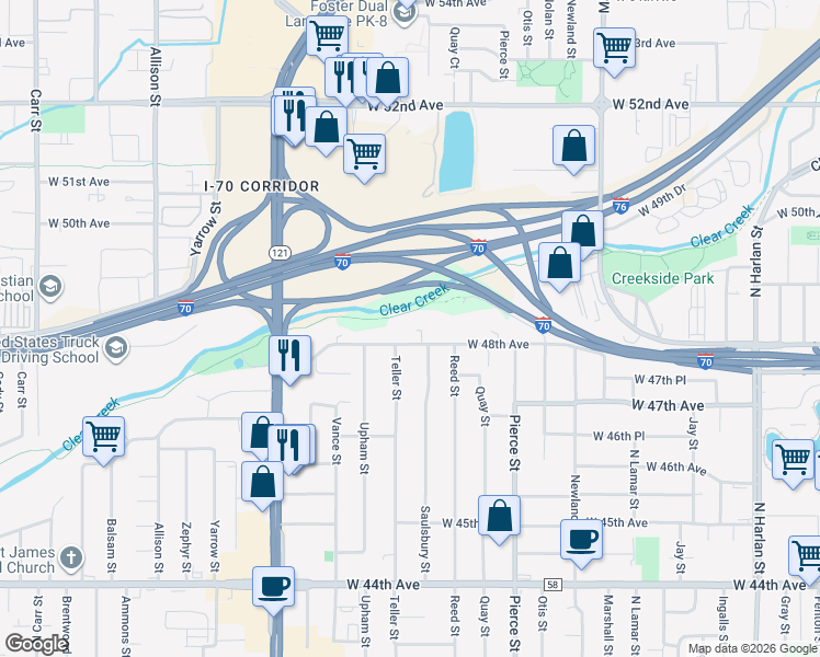 map of restaurants, bars, coffee shops, grocery stores, and more near 7185 West 48th Avenue in Wheat Ridge