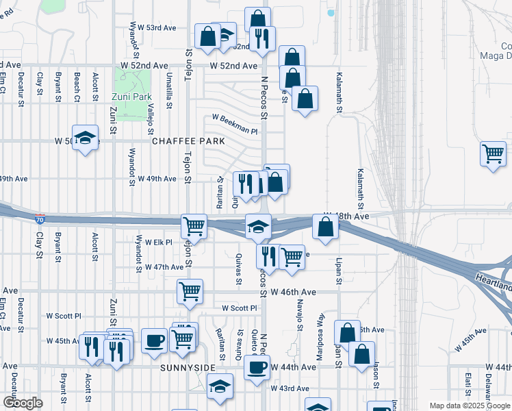 map of restaurants, bars, coffee shops, grocery stores, and more near 1735 West 48th Avenue in Denver