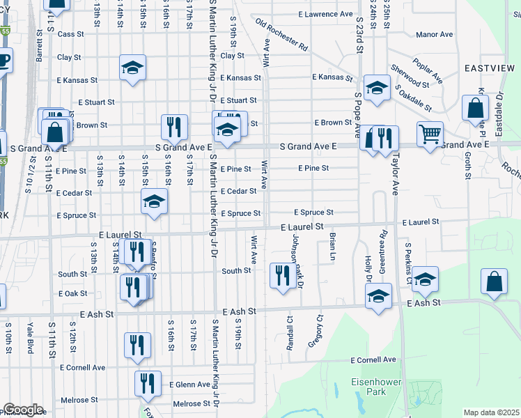 map of restaurants, bars, coffee shops, grocery stores, and more near 1937 East Spruce Street in Springfield