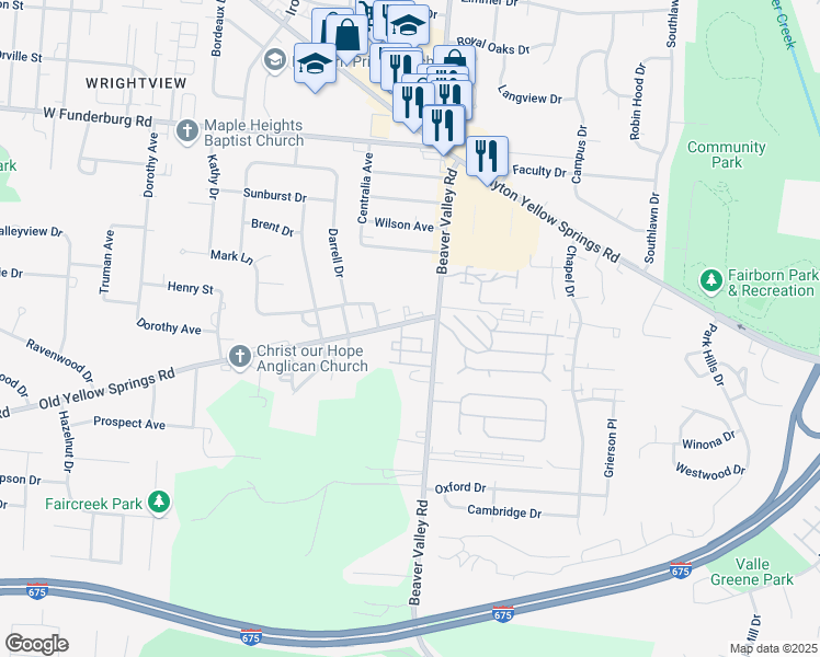 map of restaurants, bars, coffee shops, grocery stores, and more near 22 Old Yellow Springs Road in Fairborn
