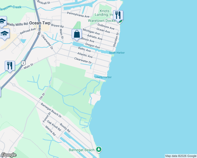 map of restaurants, bars, coffee shops, grocery stores, and more near 74 Grand Bay Harbor Drive in Ocean Township