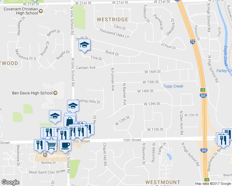 map of restaurants, bars, coffee shops, grocery stores, and more near 1393 North Furman Avenue in Indianapolis