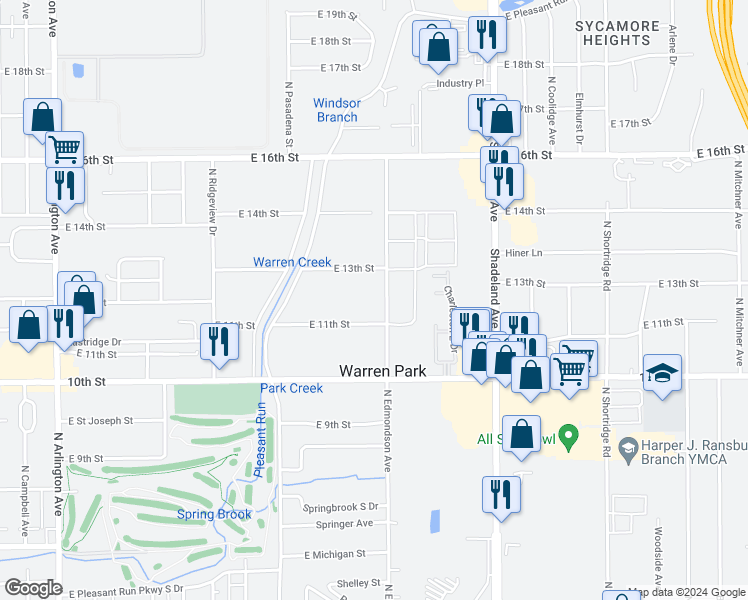 map of restaurants, bars, coffee shops, grocery stores, and more near 1126 North Edmondson Avenue in Indianapolis