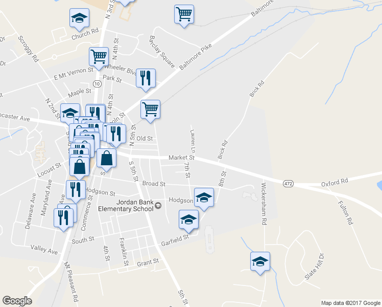 map of restaurants, bars, coffee shops, grocery stores, and more near 709 Market St in Oxford