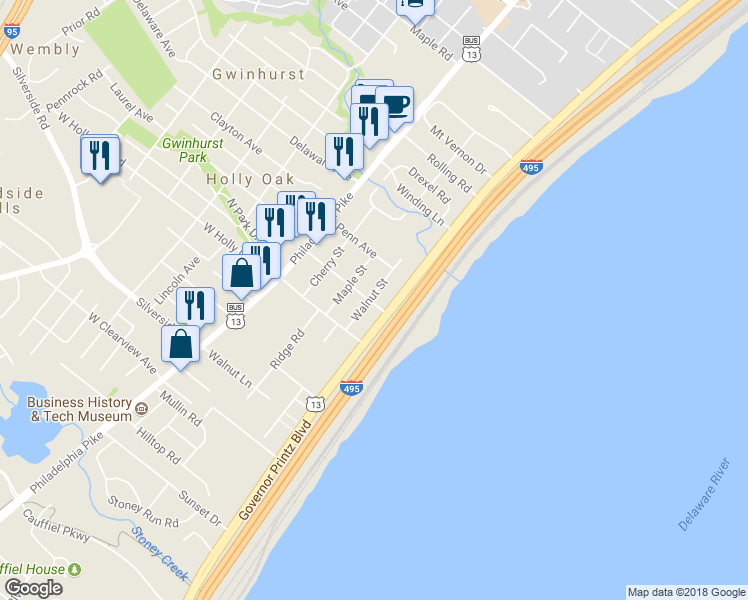 map of restaurants, bars, coffee shops, grocery stores, and more near 1700 Walnut Street in Wilmington