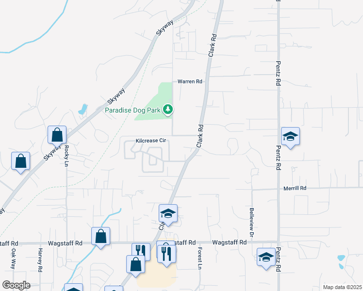 map of restaurants, bars, coffee shops, grocery stores, and more near 6879 Clark Road in Paradise