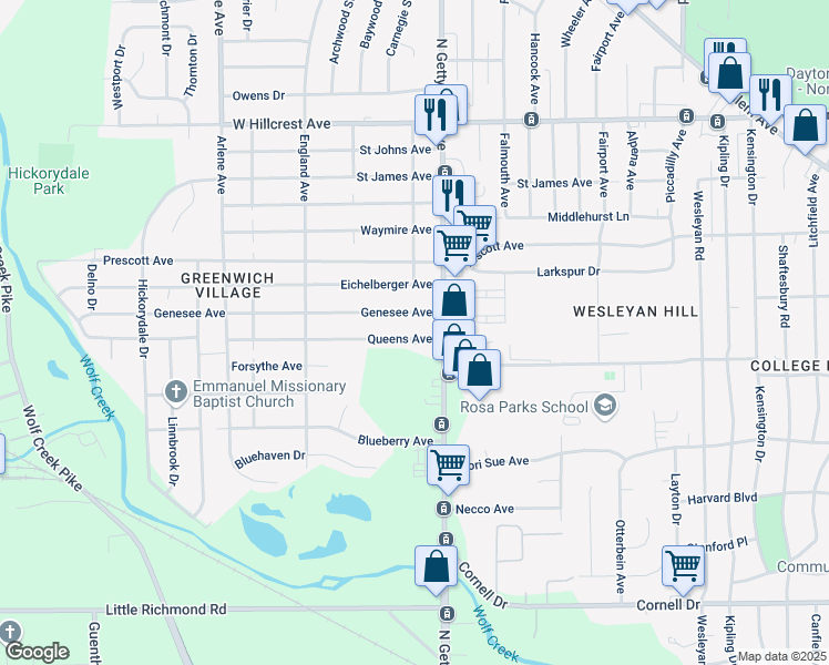map of restaurants, bars, coffee shops, grocery stores, and more near 4323 Queens Avenue in Dayton