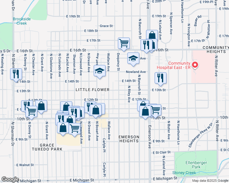 map of restaurants, bars, coffee shops, grocery stores, and more near 4821 East 13th Street in Indianapolis