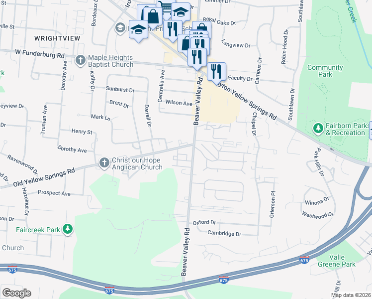 map of restaurants, bars, coffee shops, grocery stores, and more near 22 Old Yellow Springs Road in Fairborn