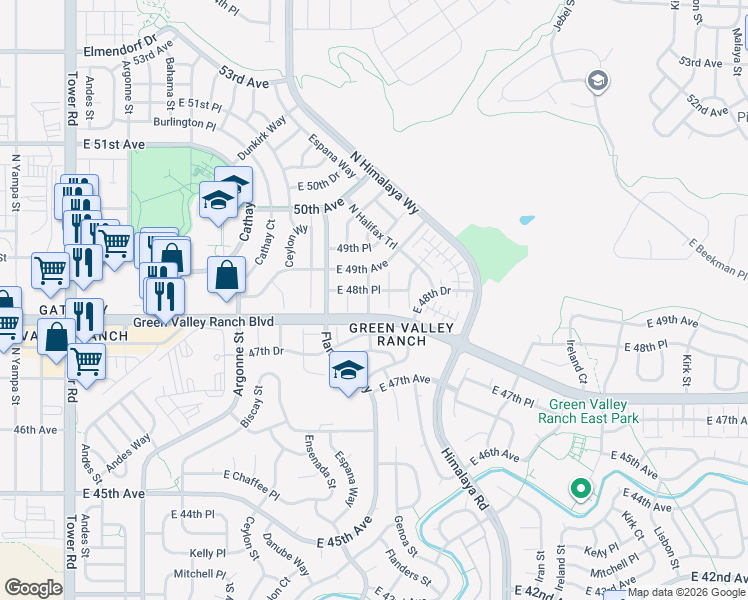 map of restaurants, bars, coffee shops, grocery stores, and more near 4845 Gibraltar Street in Denver