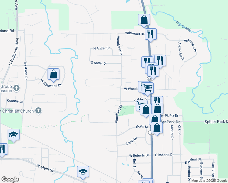 map of restaurants, bars, coffee shops, grocery stores, and more near 1225 Woodland Drive in Mount Zion