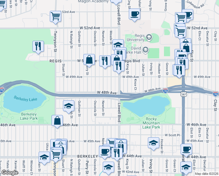 map of restaurants, bars, coffee shops, grocery stores, and more near 4827 Meade Street in Denver