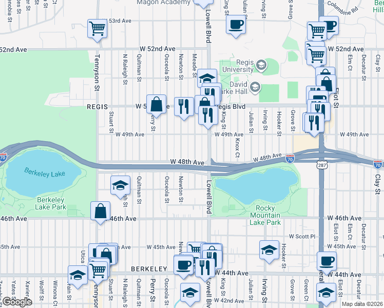 map of restaurants, bars, coffee shops, grocery stores, and more near 4827 Meade Street in Denver
