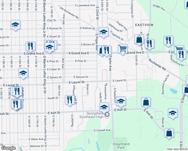 map of restaurants, bars, coffee shops, grocery stores, and more near 1620 South Pope Avenue in Springfield