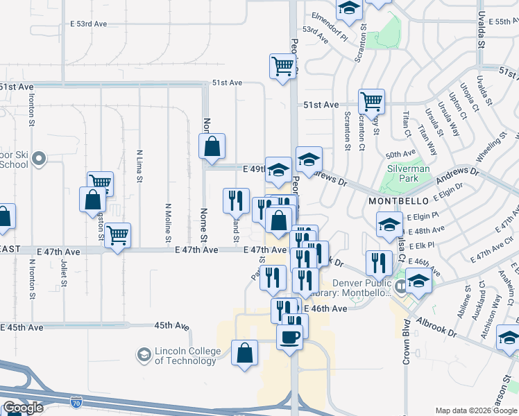 map of restaurants, bars, coffee shops, grocery stores, and more near 4790 Paris Street in Denver