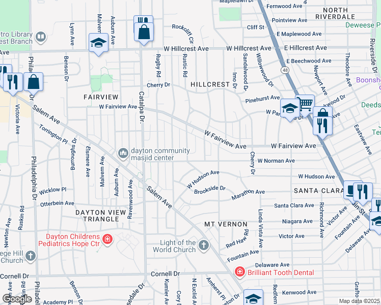 map of restaurants, bars, coffee shops, grocery stores, and more near 2016 Rustic Road in Dayton