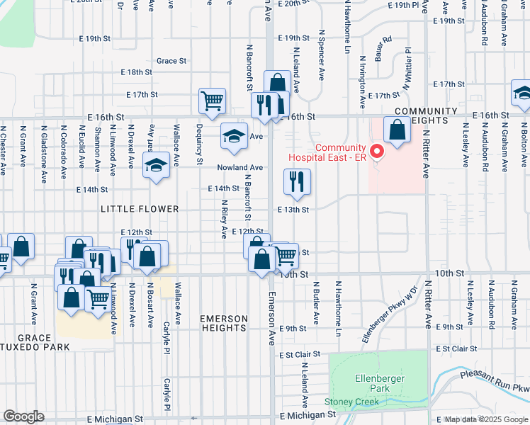 map of restaurants, bars, coffee shops, grocery stores, and more near 1228 North Emerson Avenue in Indianapolis