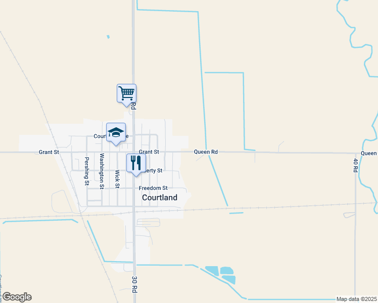 map of restaurants, bars, coffee shops, grocery stores, and more near County Road Q in Courtland
