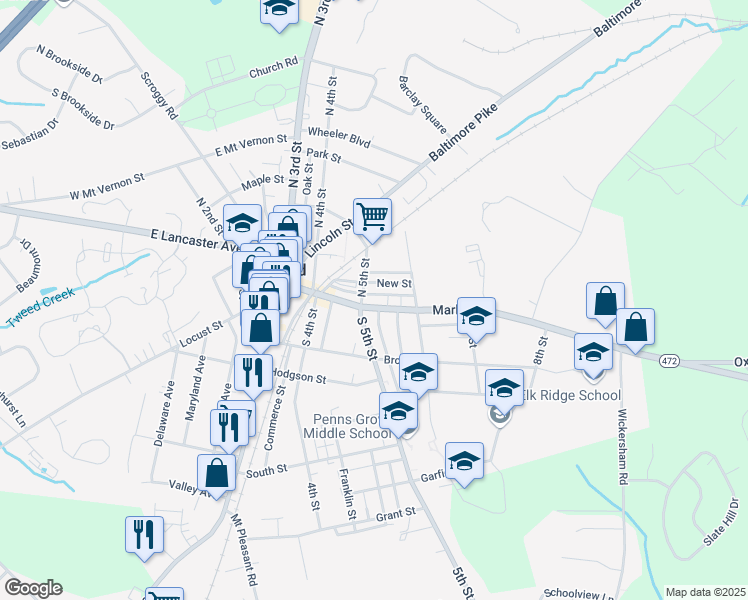 map of restaurants, bars, coffee shops, grocery stores, and more near 509 Market Street in Oxford